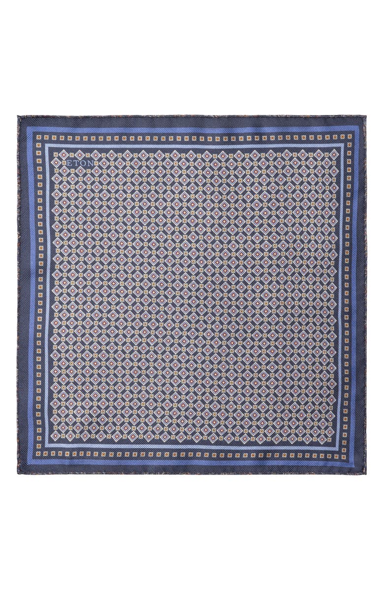 Eton Geometric & Paisley Reversible Silk Pocket Square, Alternate, color, Navy