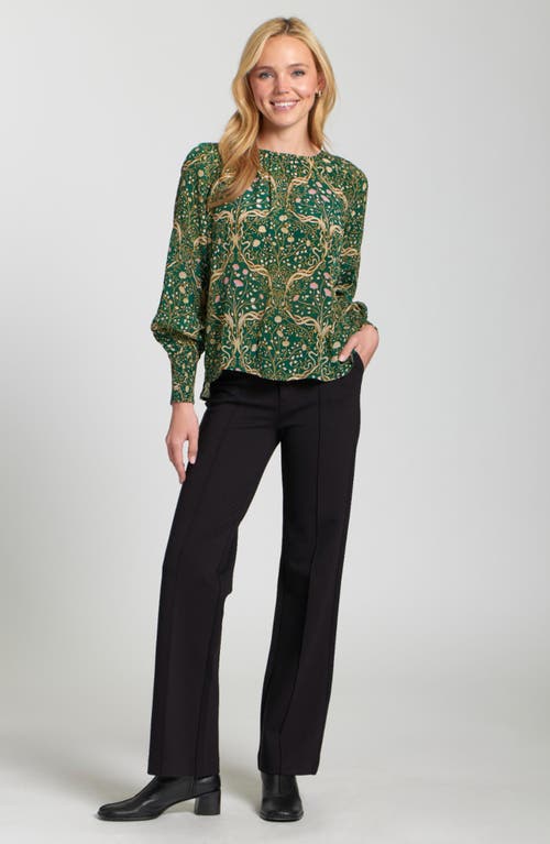 Apny Printed Smocked Cuff Top In Green