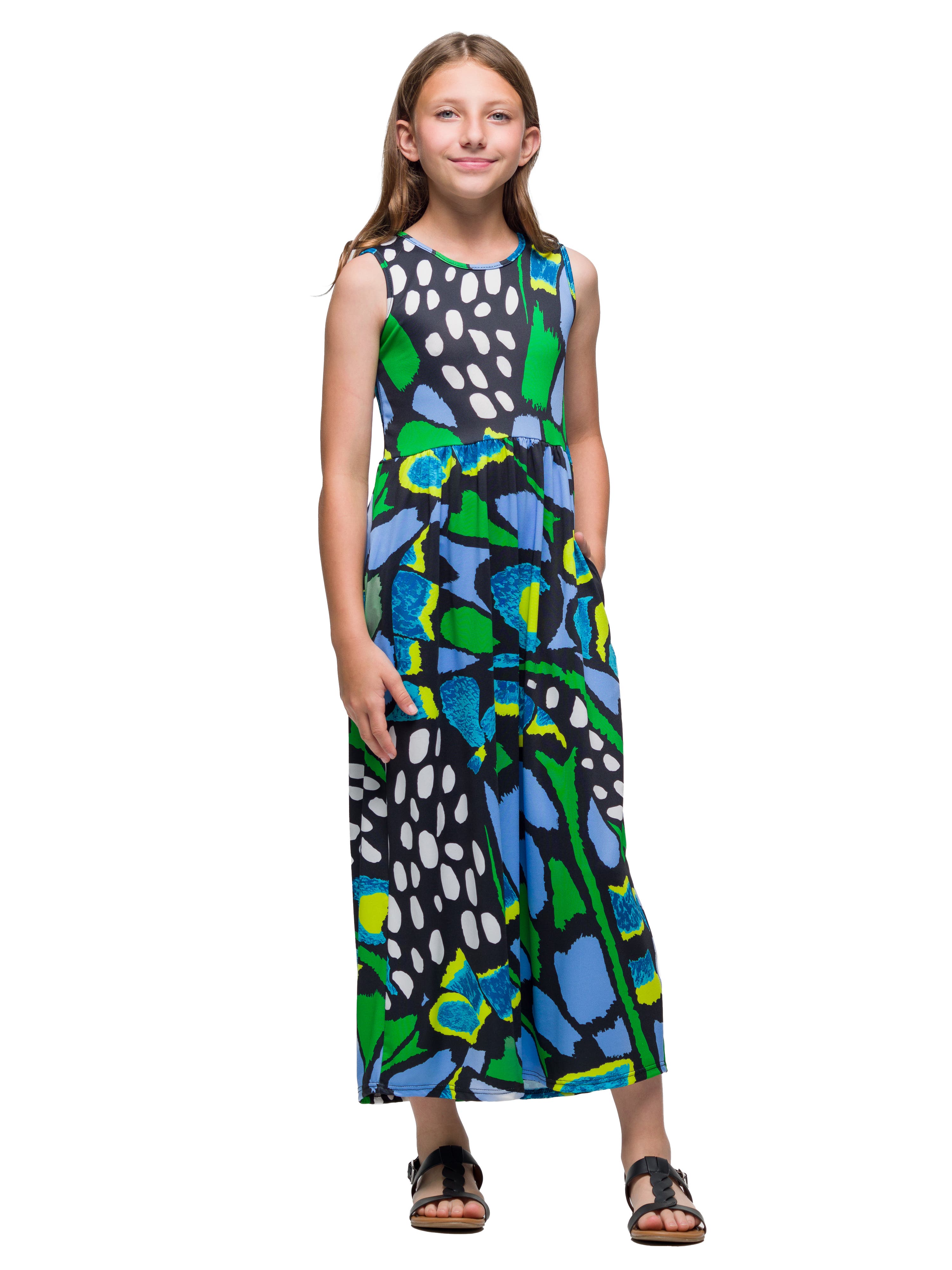 24sevenKid Blue Butterfly Print Sleeveless Maxi Dress with Pockets in Green Multi 