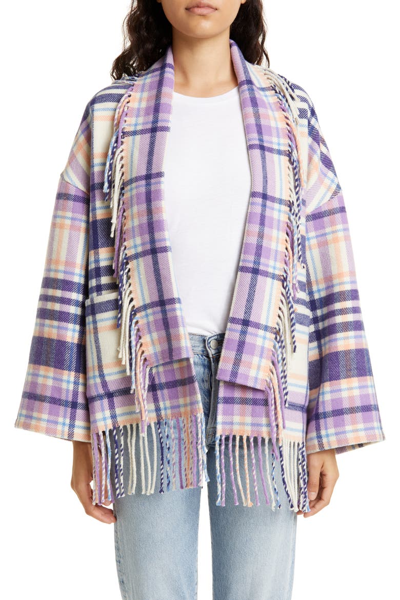 Austyn Plaid Fringed Open Front Jacket, Main, color, INDIGO