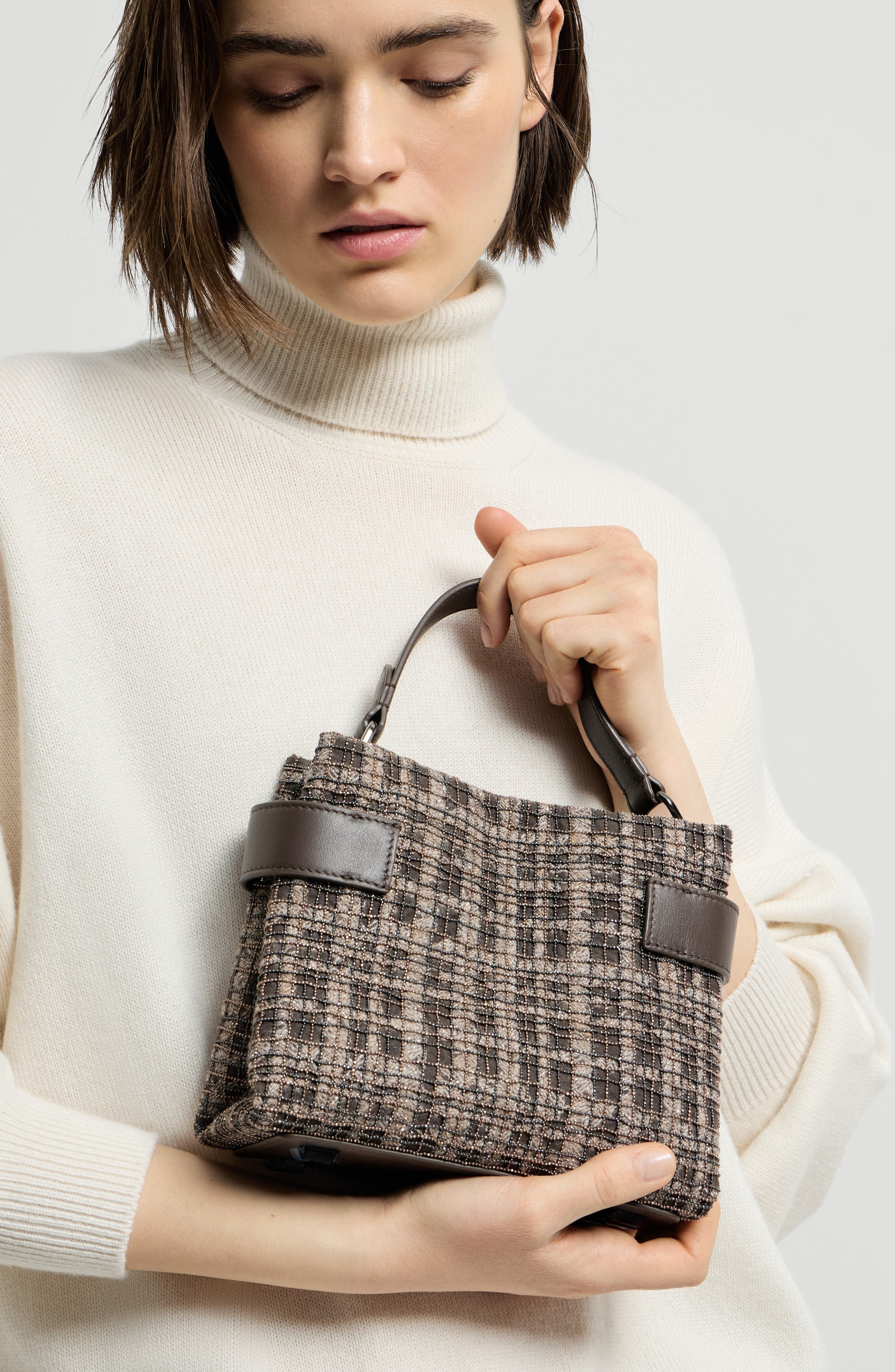 Essence small top-handle bag in suede with precious check embroidery, Alternate, color, Brown