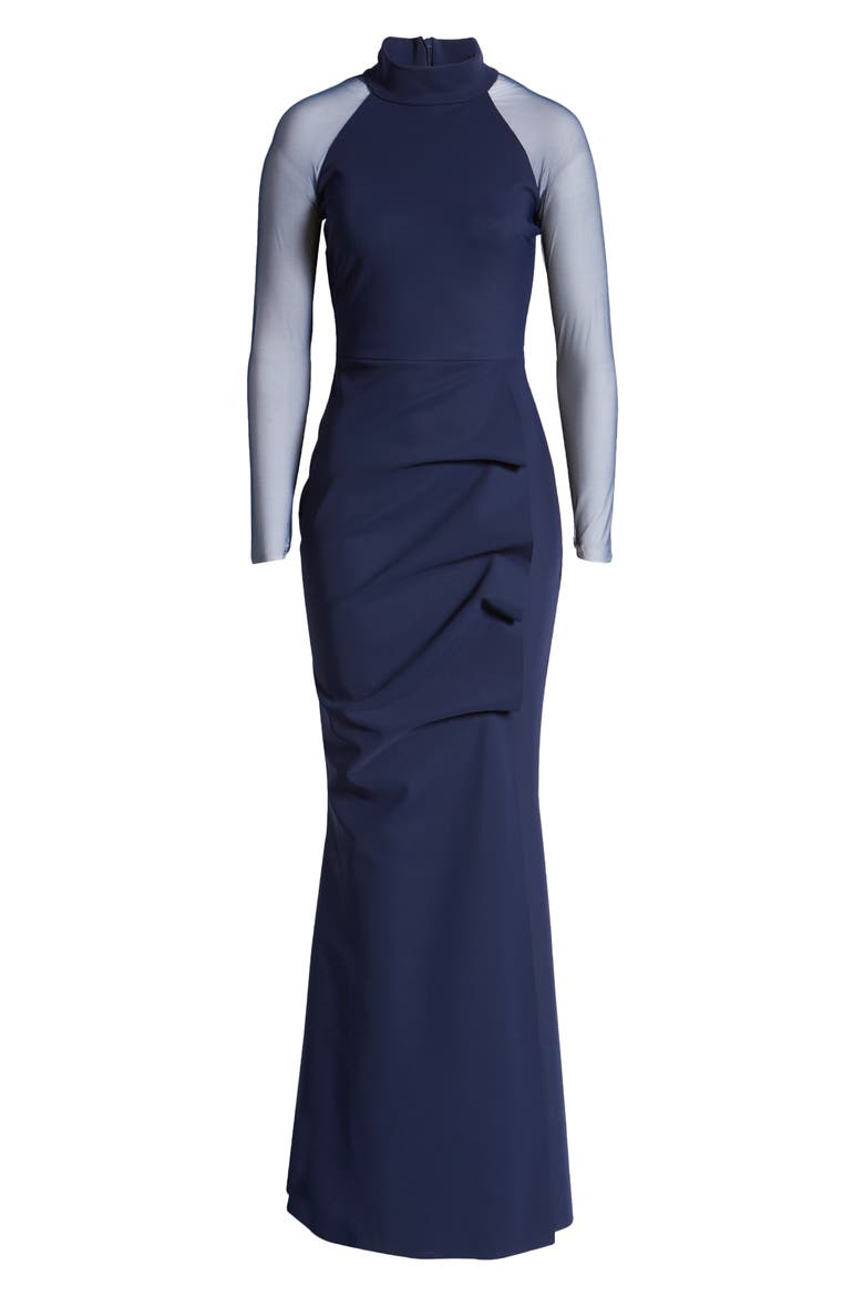 Maylys Illusion Mesh Mock Neck Trumpet Gown, Alternate, color, NAVY