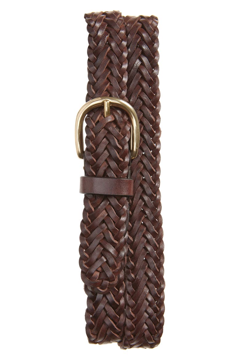 Braided Leather Belt, Main, color, DARK BROWN