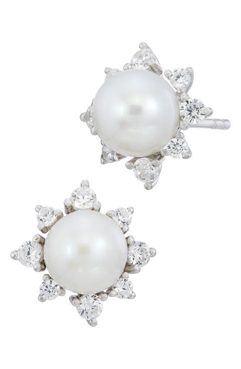 Cultured Pearl and Cubic Zirconia Stud Earrings