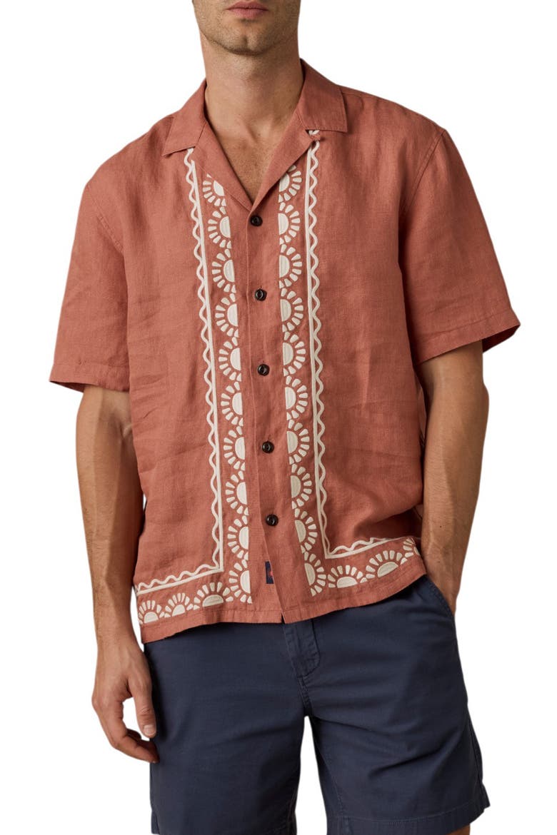 Embroidered Linen Camp Shirt, Main, color, DUSTY SIENNA