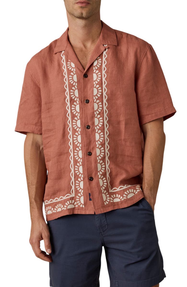 Faherty Embroidered Linen Camp Shirt, Main, color, Dusty Sienna