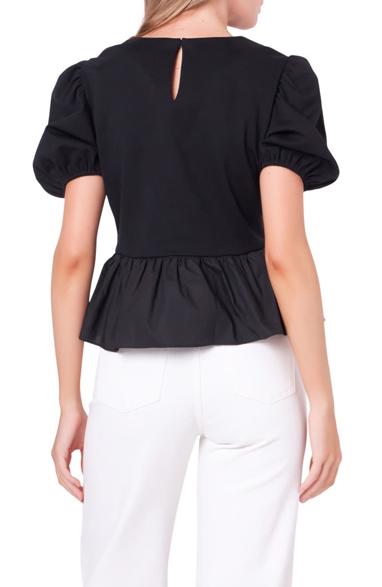 English Factory Mixed Media Puff Sleeve Peplum Top, Alternate, color, Black