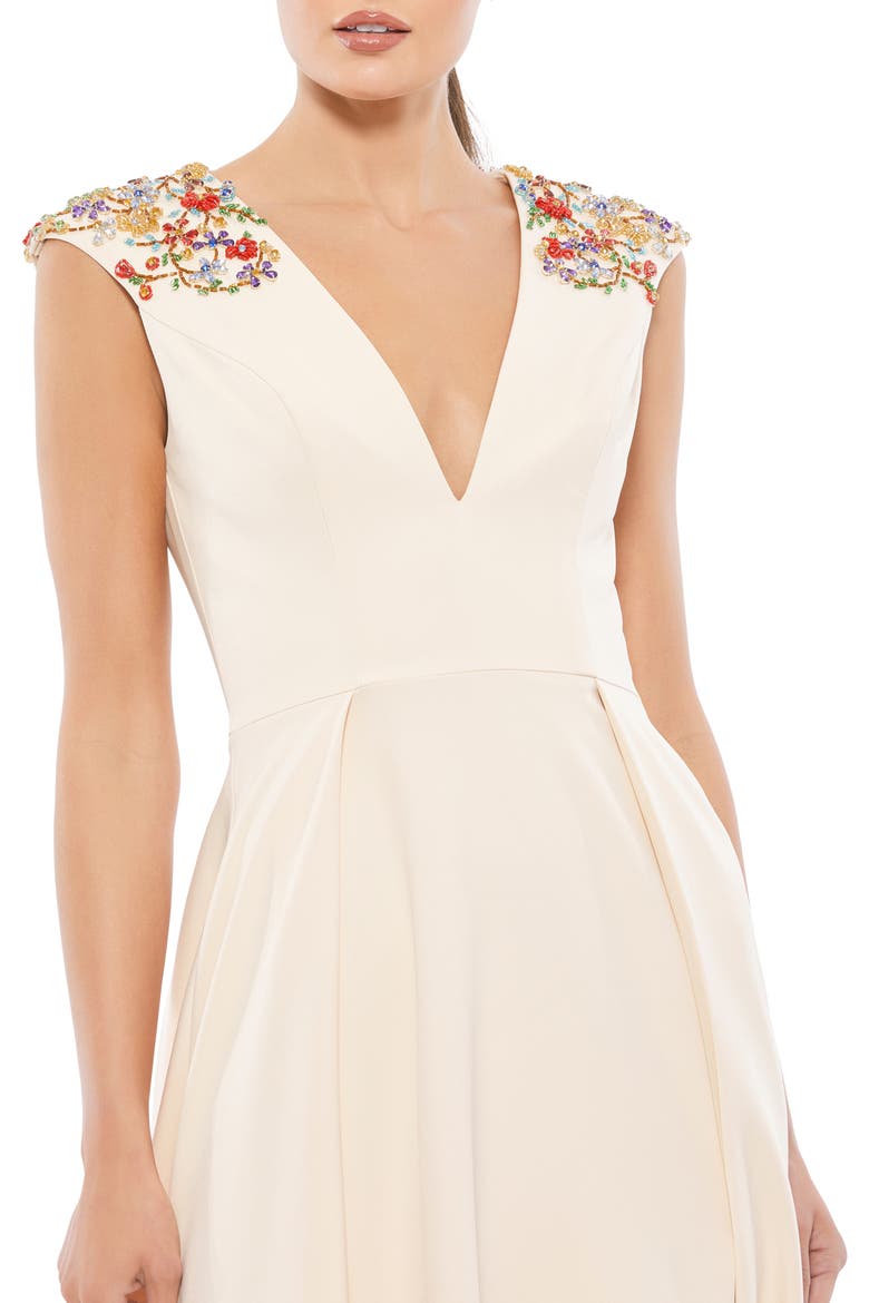 Plunge Neck Empire Waist Beaded Shoulder Gown, Alternate, color, VANILLA