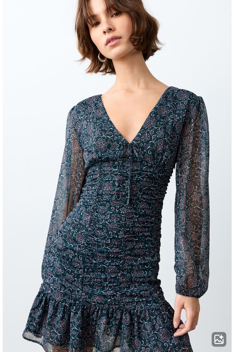 Floral Long Sleeve Ruffle Hem Minidress, Alternate, color, PETROL BLUE