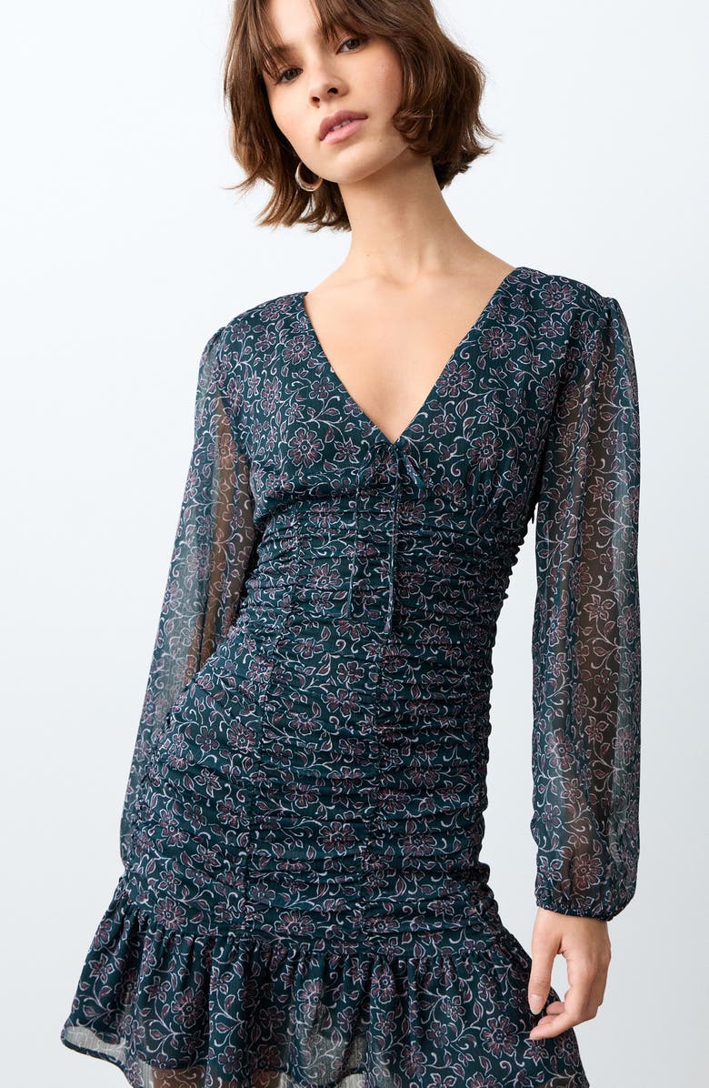 MANGO TEEN Floral Long Sleeve Ruffle Hem Minidress, Alternate, color, Petrol Blue