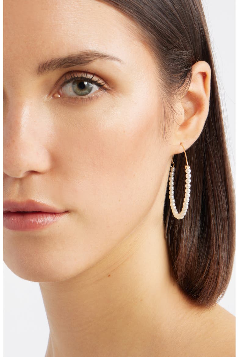 Faux Pearl Wire Hoop Earrings, Alternate, color, WHITE- GOLD