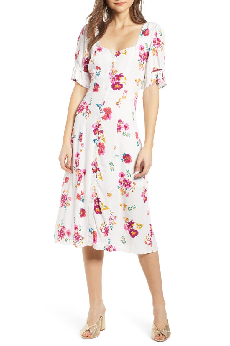 Floral Print Midi Dress, Main, color, WHITE MULTI FLORAL