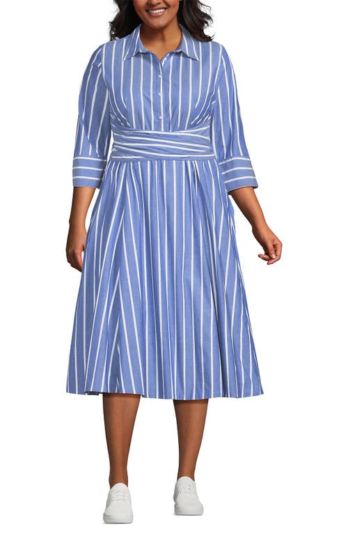 Lands' End Plus Size Poplin Midi Wrap Front Dress In Sapphire Gem Blue Broad Stripe