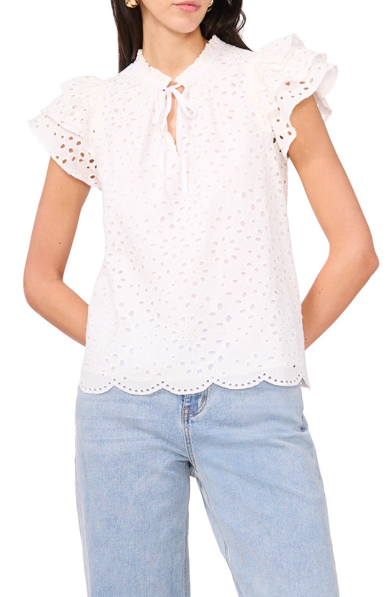 1.STATE Flutter Sleeve Cotton Eyelet Top, Main, color, Ultra White