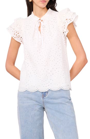 1.state Flutter Sleeve Cotton Eyelet Top