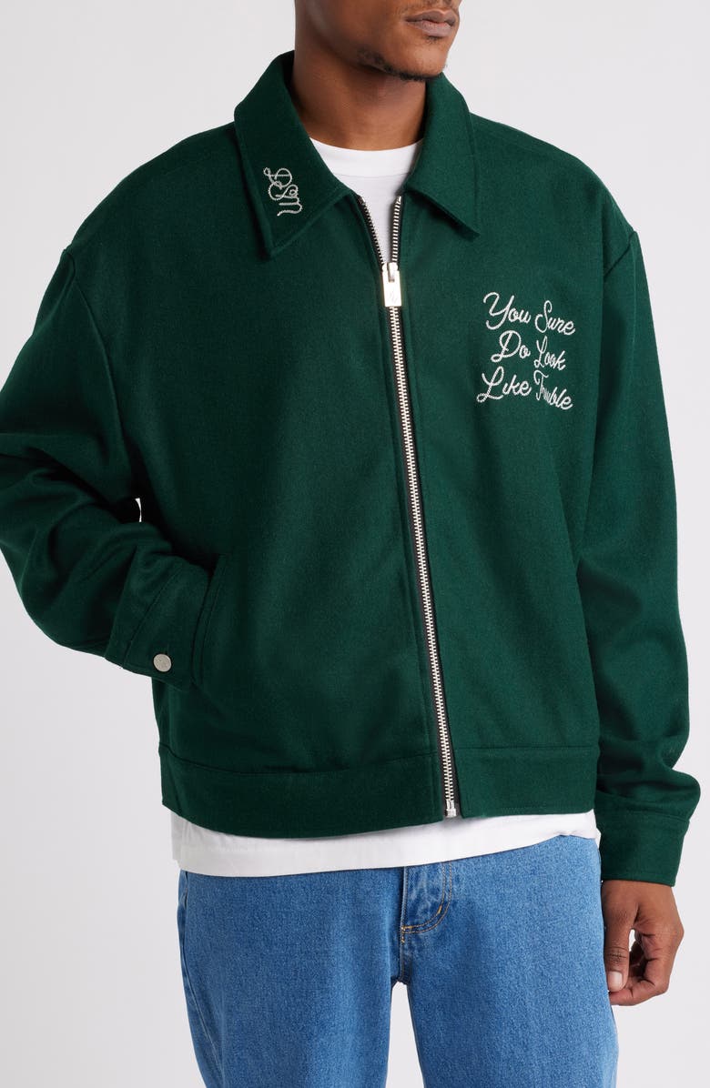 DIET STARTS MONDAY Trouble Embroidered Felted Wool Blend Jacket, Alternate, color, Green