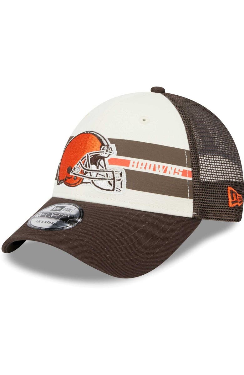 New Era Men's New Era Cream/Brown Cleveland Browns Team Stripe Trucker 9FORTY Snapback Hat, Main, color,