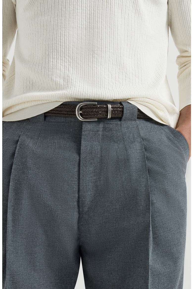 Chevron-effect braided leather belt, Alternate, color, Brown