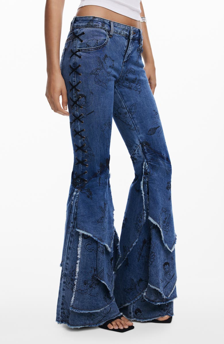 Desigual Cartoon Pattern Flare Jeans, Main, color, Blue