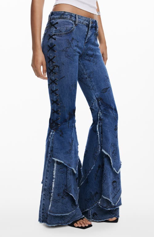 Desigual Cartoon Pattern Flare Jeans In Blue