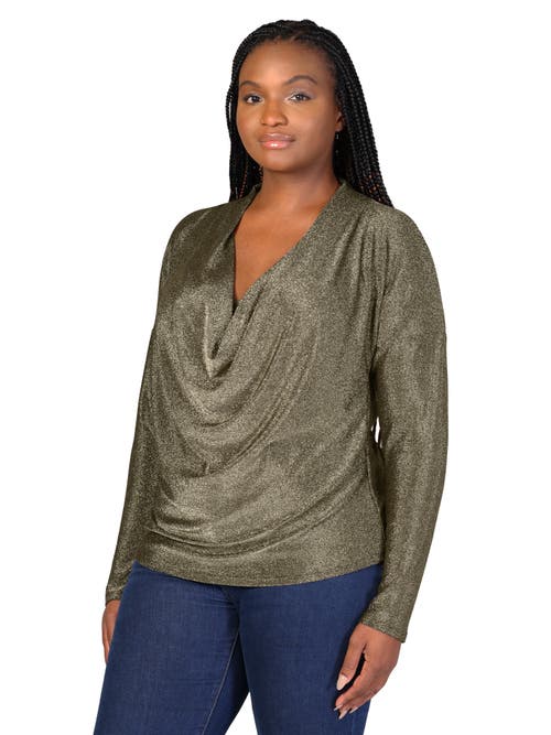 24seven Comfort Apparel Cowl Neck Long Sleeve Shimmery Fabric Top In Gold