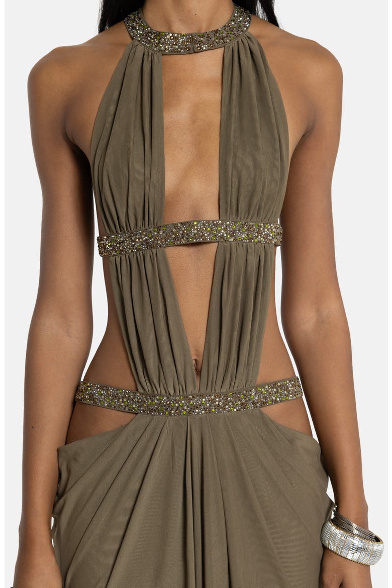 Bead Detail Plunge Neck Open Back Maxi Dress, Alternate, color, GREEN