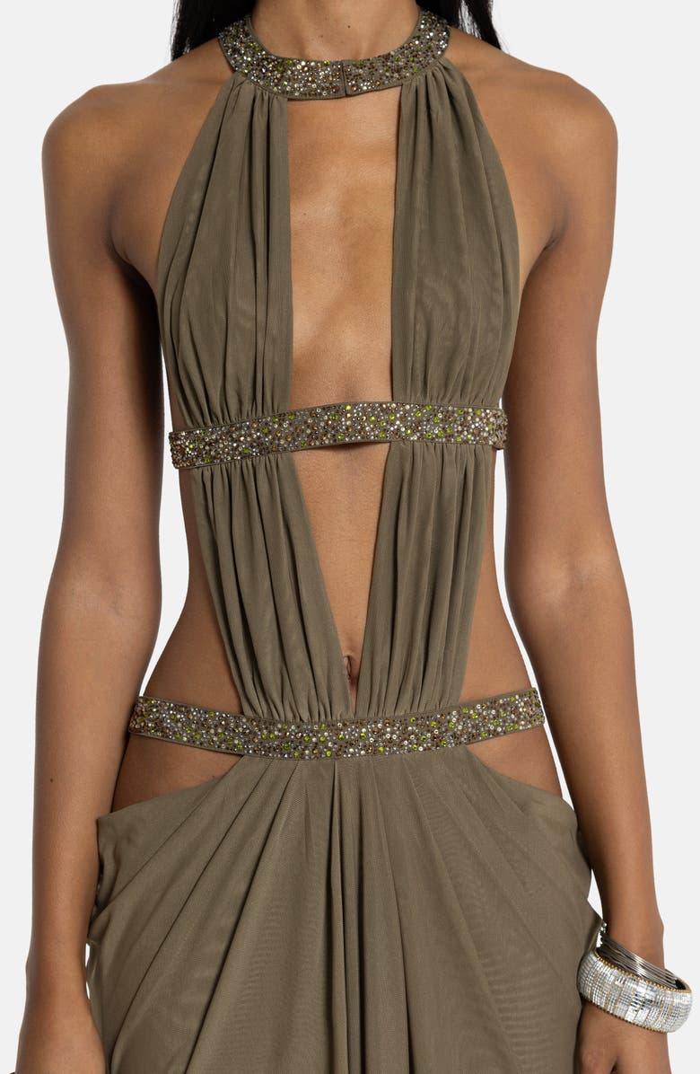 JADED LONDON Bead Detail Plunge Neck Open Back Maxi Dress, Alternate, color, Green