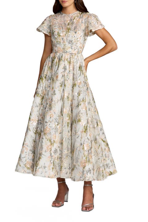 Women's Multicolor Flutter Sleeve Sequin A-Line Midi Dress
