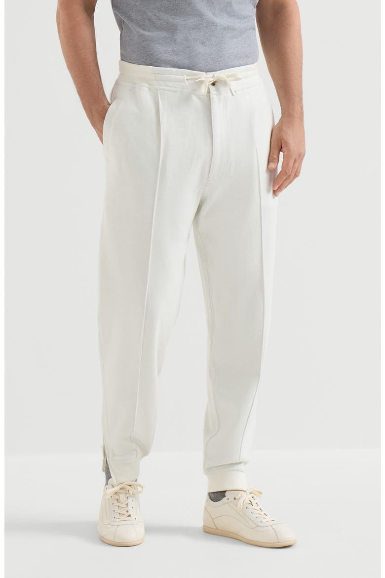 Cashmere and cotton French terry double cloth trousers with Crête detail and elasticated zipper cuffs, Main, color, Off-White