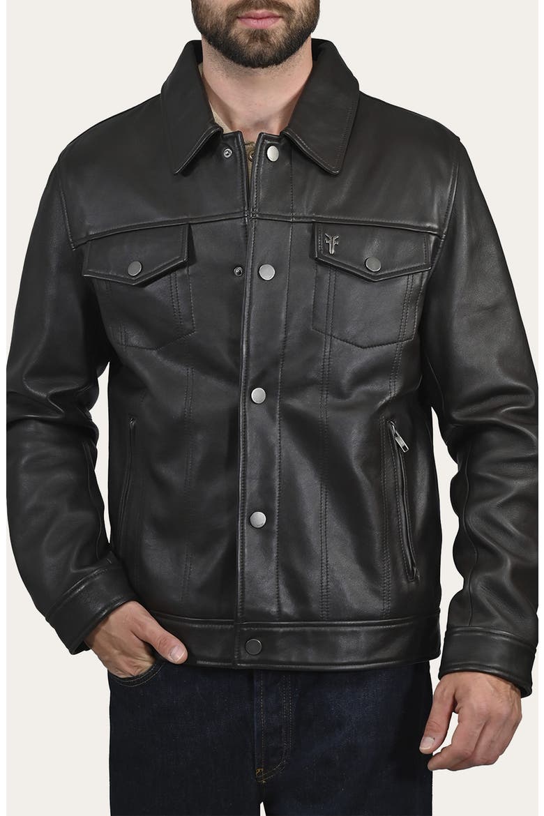 Leather Trucker Jacket, Main, color, DARK BROWN