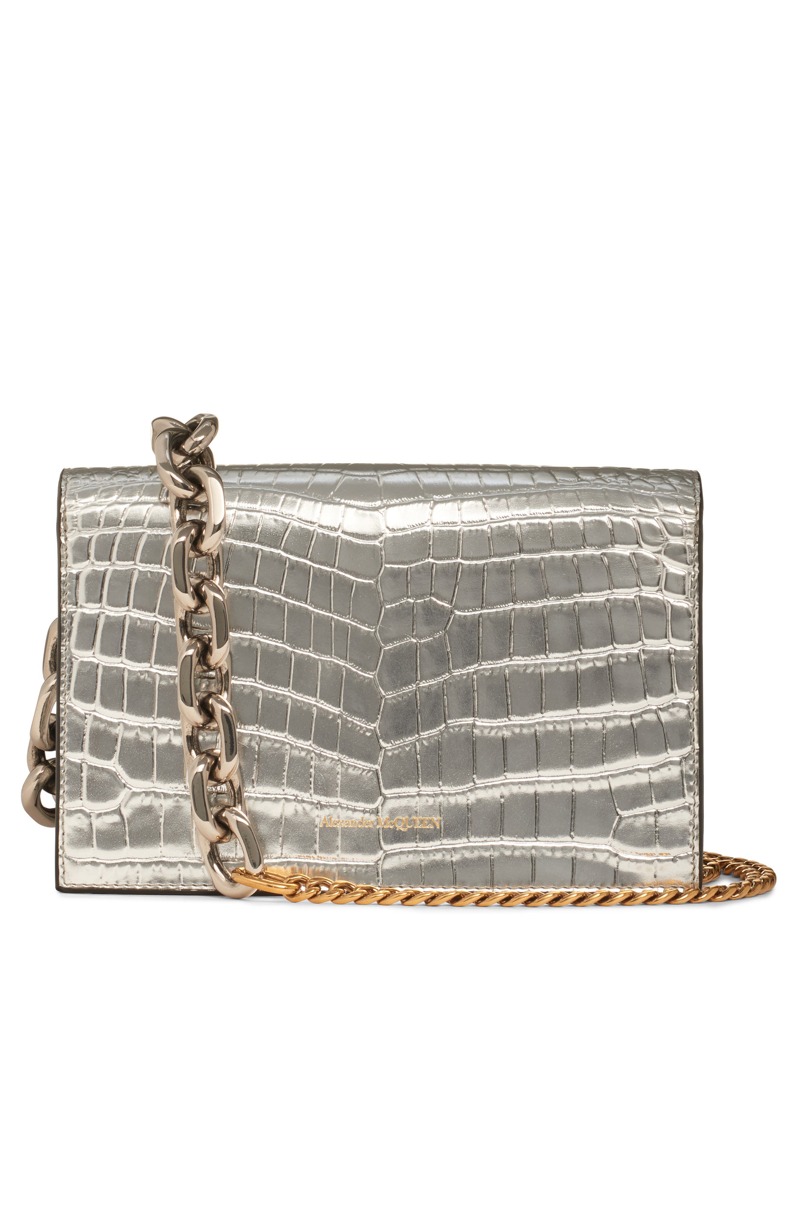 McQueen Small Skull Croc Embossed Leather Shoulder Bag, Alternate, color, 