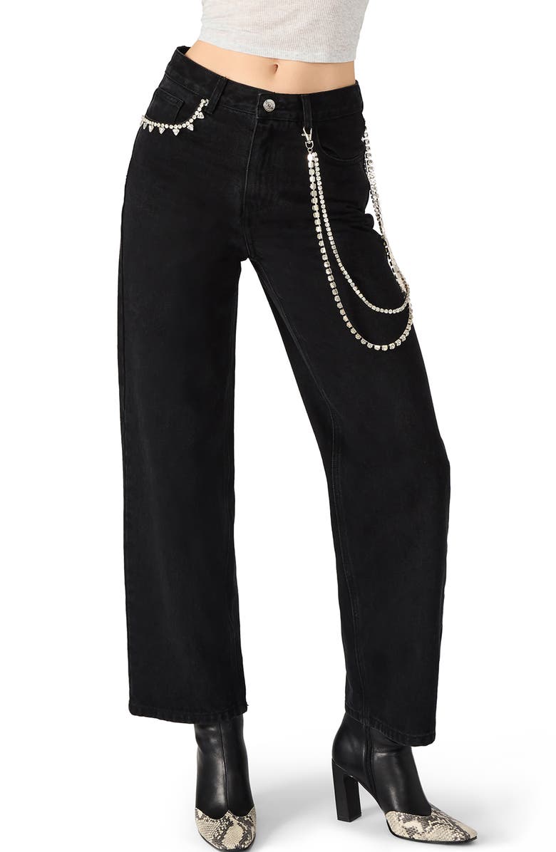 Steve Madden Swift Rhineston Chain Ankle Straight Leg Jeans, Main, color, Black