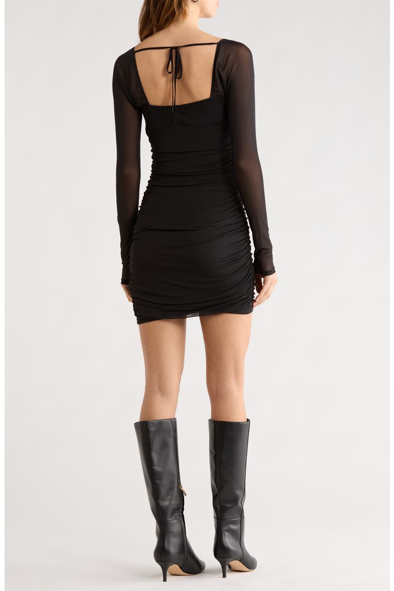Long Sleeve Ruched Mesh Minidress, Alternate, color, BLACK