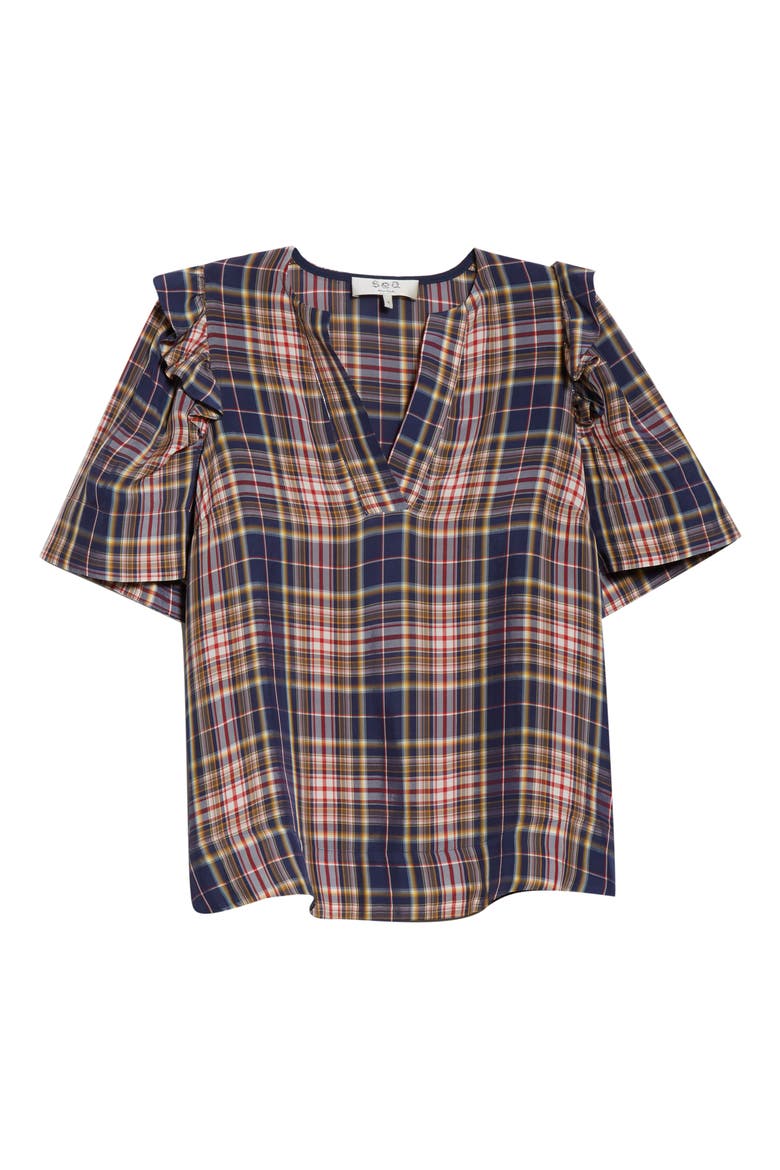 Sea Rooney Ruffle Shoulder Plaid Top, Alternate, color, PLAID
