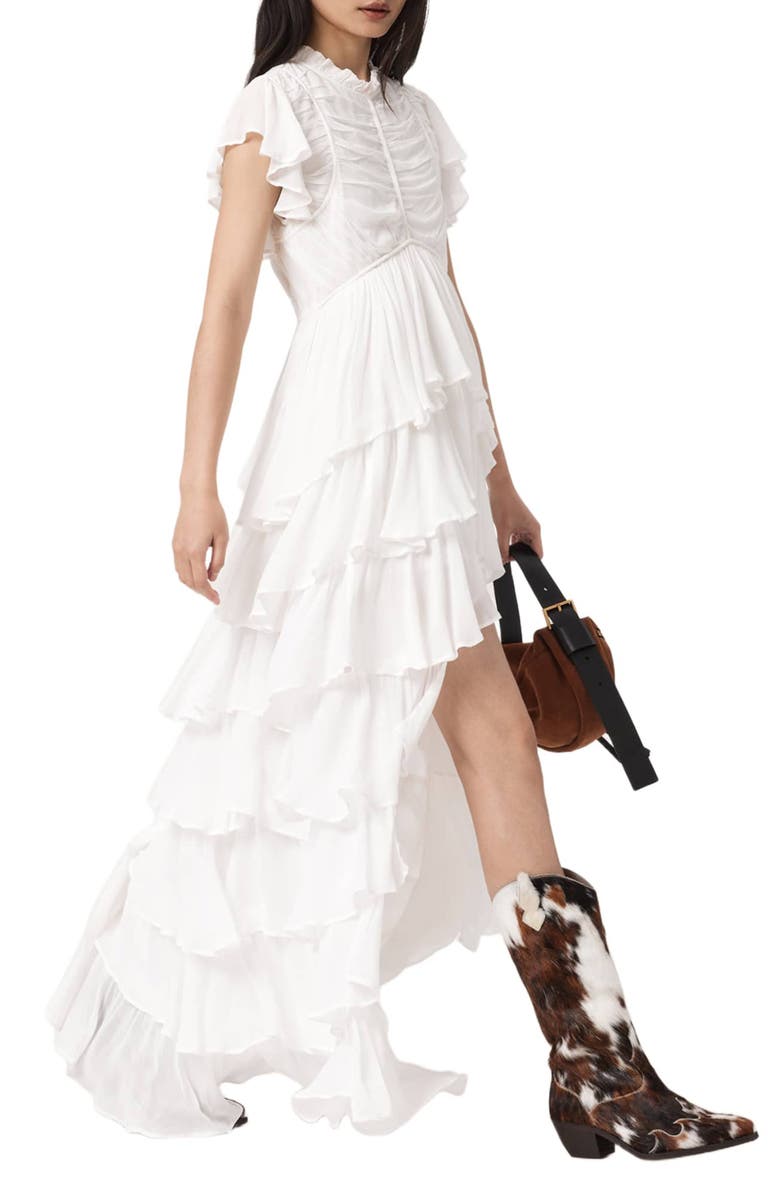 AllSaints Shaela Tiered Ruffle High-Low Dress, Alternate, color, Optic White