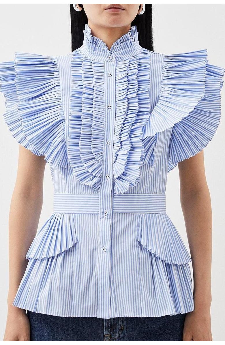 Karen Millen Sleeveless Striped Pleated Ruffle Blouse, Alternate, color, Stripe