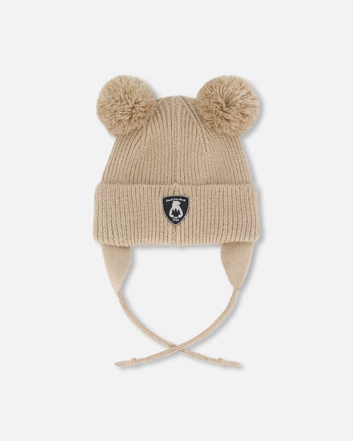 Deux Par Deux Gender Inclusive Lined Knit Hat With Pompoms In Brown