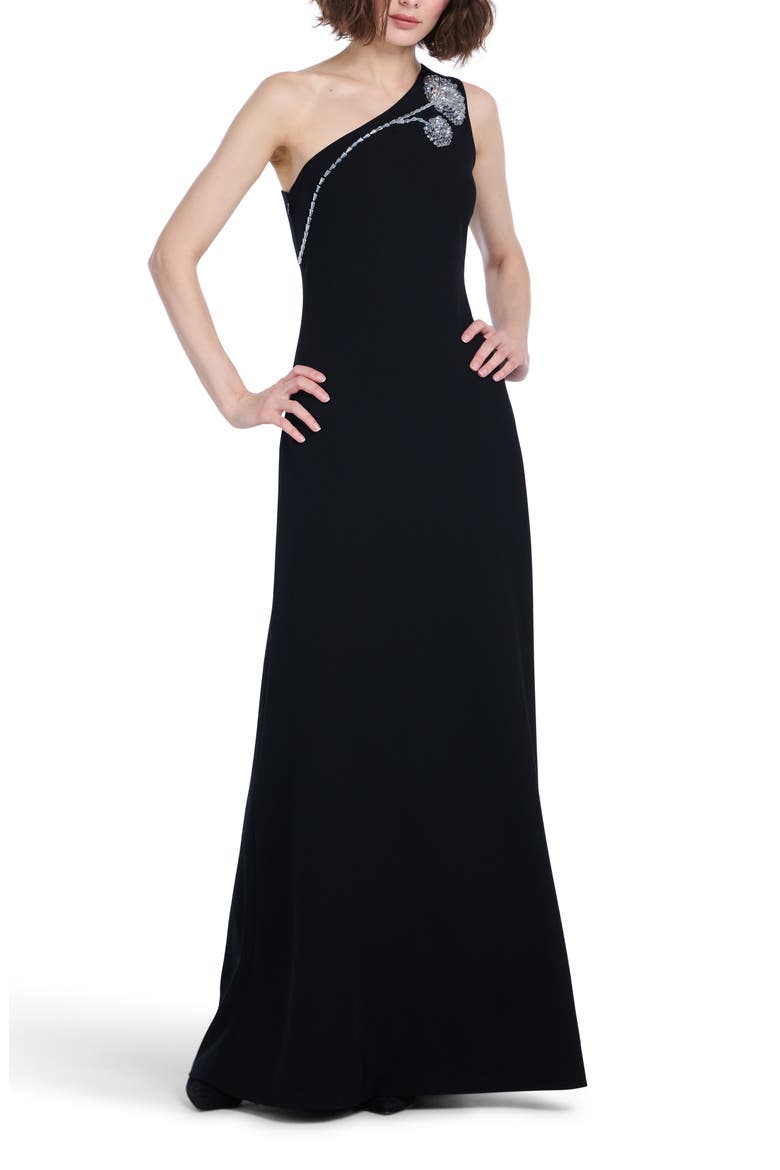 Crystal One-Shoulder Stretch Crepe Gown, Alternate, color, BLACK