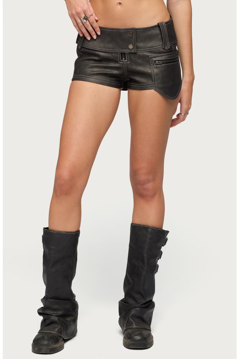 Dolly Low Rise Faux Leather Micro Cargo Shorts, Main, color, BLACK