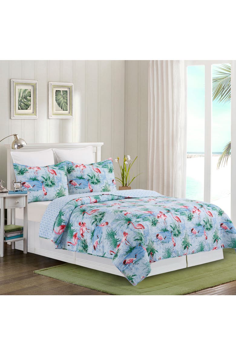 Paradise Coast Flamingo Cotton Quilt Set  - Reversible and Machine Washable, Alternate, color, Blue
