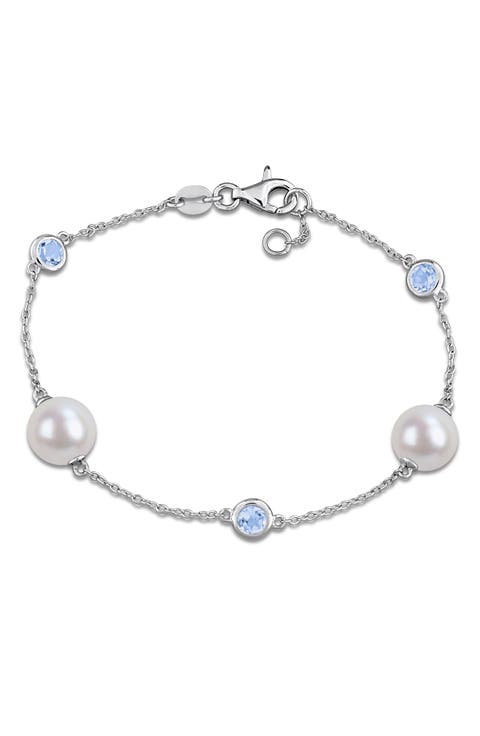 8.5-9mm Cultured Freshwater Pearl & Stone Station Bracelet
