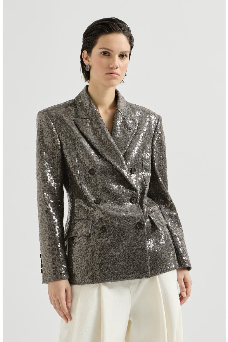 Dazzling texture embroidery blazer in virgin wool flannel, Main, color, Dark Grey