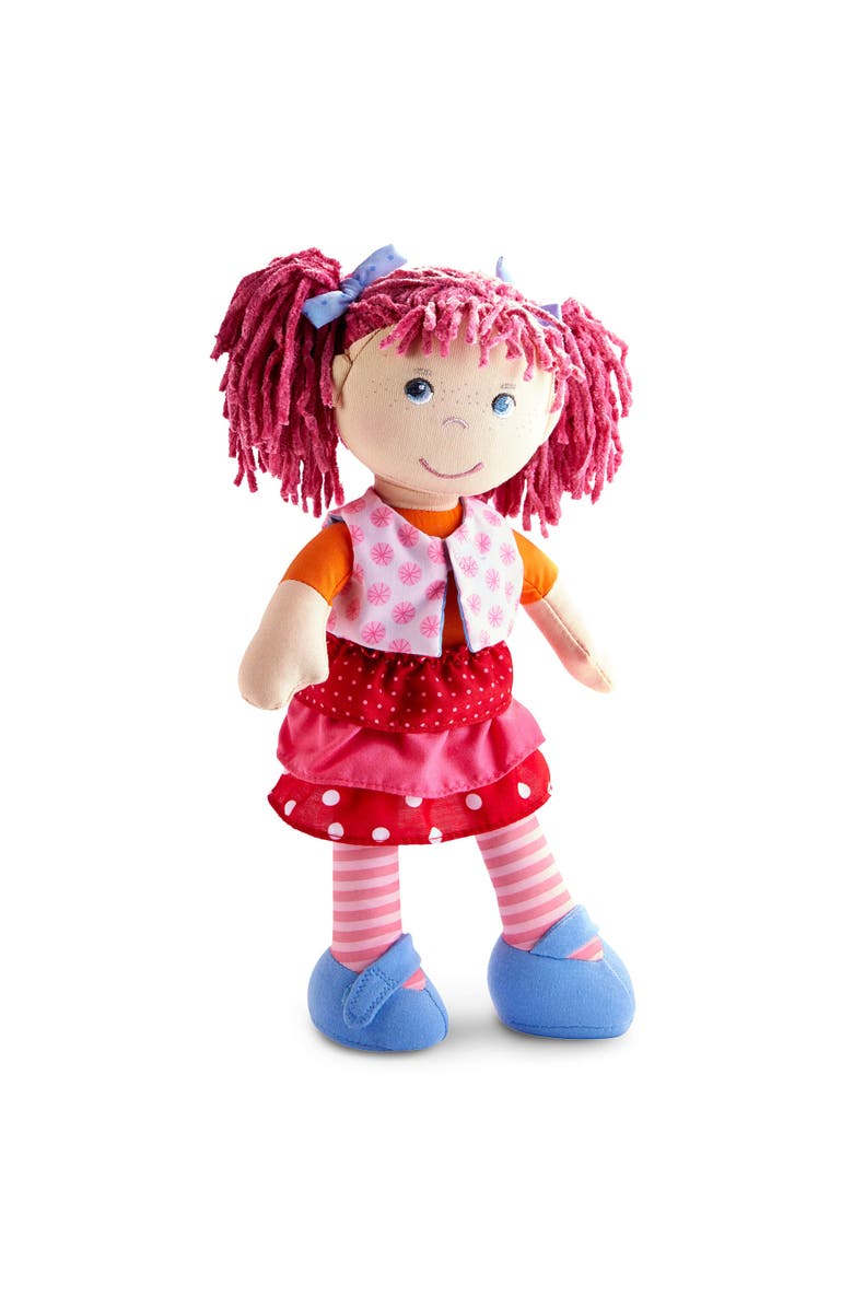 HABA Lilli-Lou 12" Soft Doll with Pink Hair in Pigtails, Blue Eyes & Embroidered Face, Machine Washable Baby Doll for Ages 18 Months+, Main, color, Pink Multi