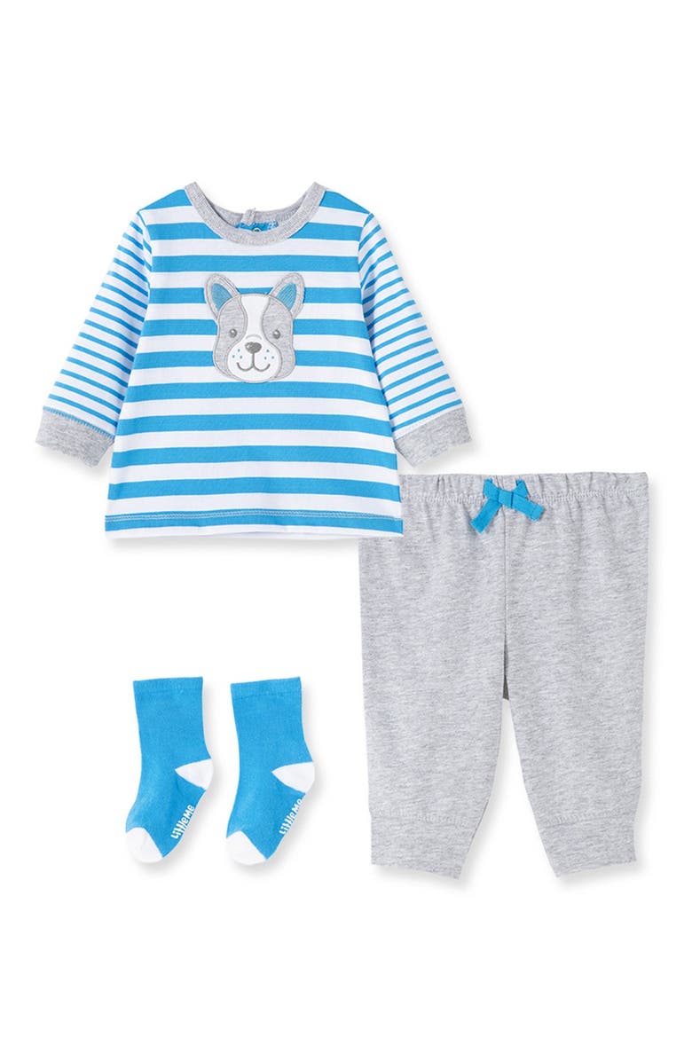 Little Me Doggy Striped Shirt, Joggers, & Socks Set, Main, color,