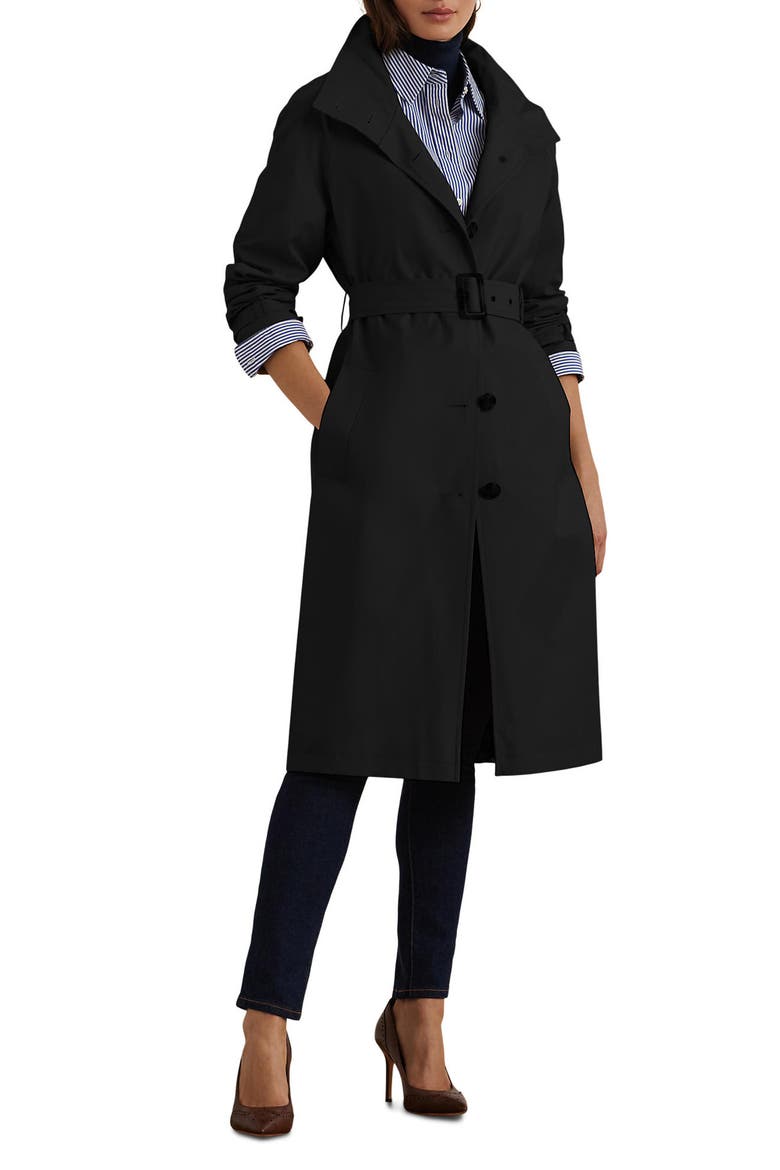 Belted Water Resistant Longline Coat, Main, color, BLACK