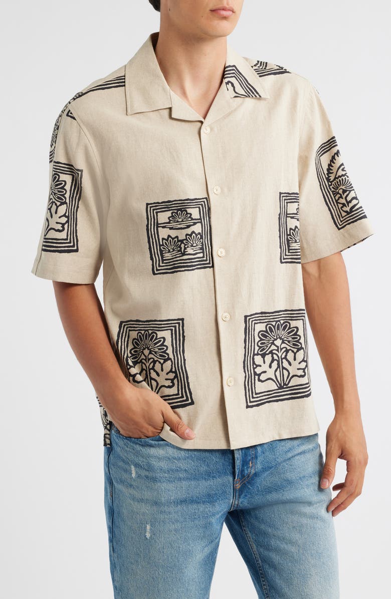 NN07 Ole 5396 Print Linen & Organic Cotton Camp Shirt, Main, color, Oatmeal