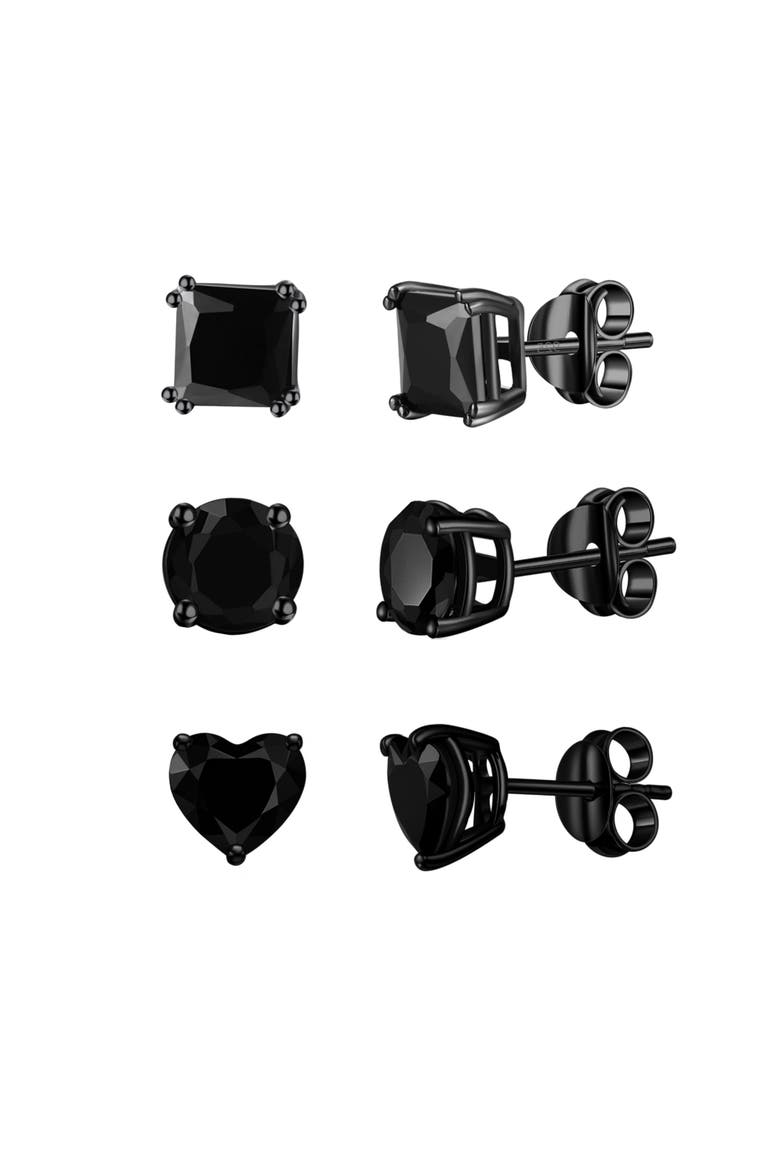 Set Of 3 Sterling Silver Black Rhodium Plated Stud Earrings, Main, color, Black