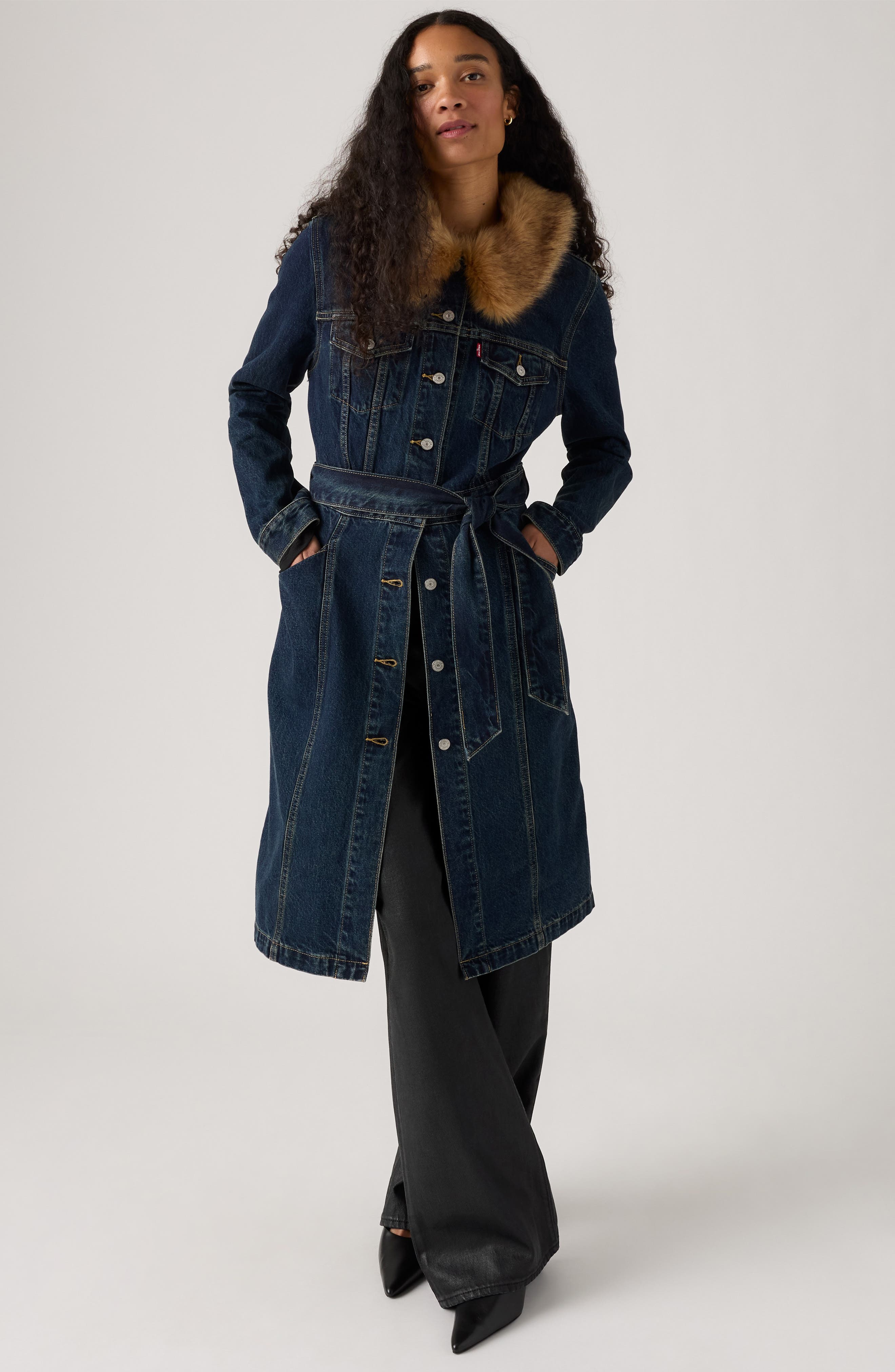 Mob Wife Belted Denim Coat with Removable Faux Fur Collar (Women