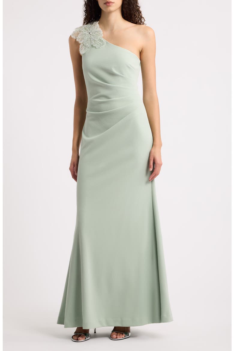 Beaded Floral Detail One-Shoulder Gown, Main, color, SAGE