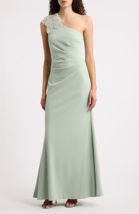 Beaded Floral Detail One-Shoulder Gown